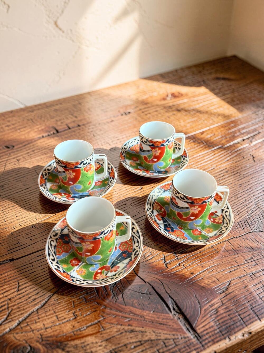 Vintage Japanese Imari Style Demitasse Espresso Cups/Saucers Set of 4 Porcelain